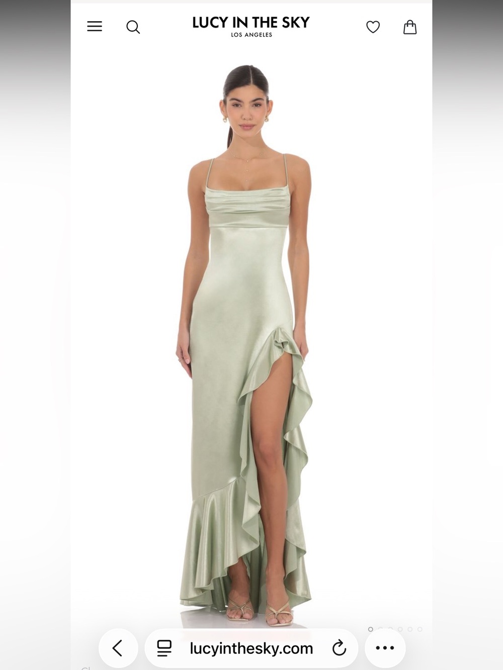 Lucy in the Sky Pale Sage Satin High-Low Ruffle Gown